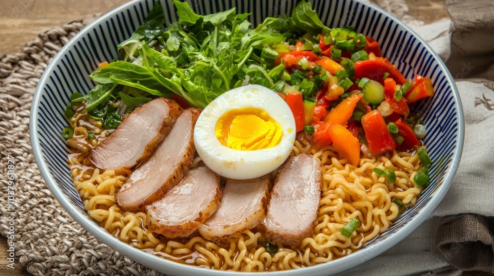 A bowl of ramen noodles with pork, egg, and vegetables. A bowl of ramen noodles with pork, egg, and vegetables.