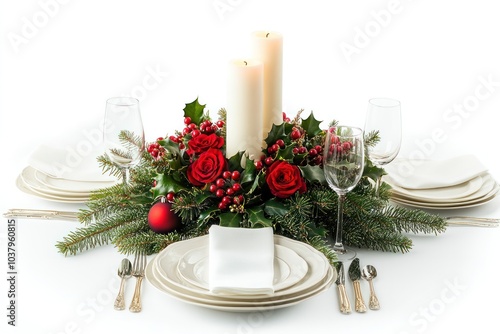 A festive table setting for a Christmas dinner featuring a white tablecloth, elegant dinnerware, flickering candles, and a centerpiece made of pine branches, holly berries, and red roses