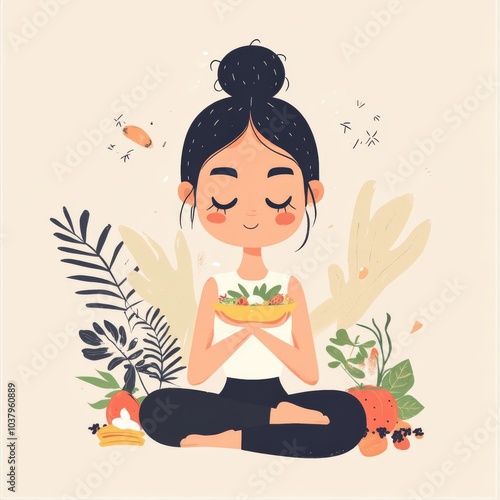 happy girl eating healthy food in meditative state