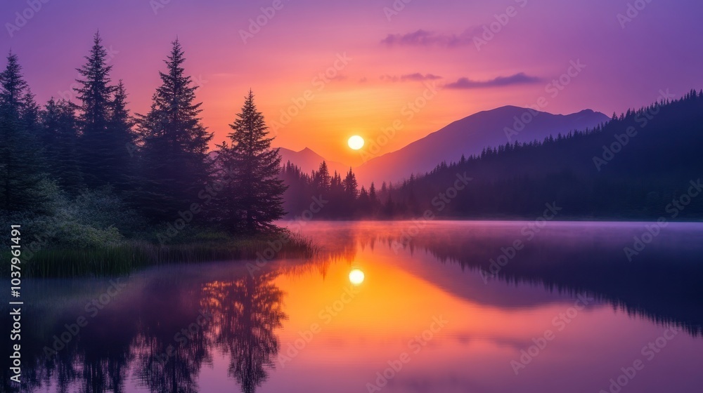 A picturesque sunrise over a mountainous landscape, with the sun rising majestically above the peaks. The sky is painted in shades of orange, purple, and pink A picturesque sunrise over a mountainous landscape, with the sun rising majestically above the peaks. The sky is painted in shades of orange, purple, and pink