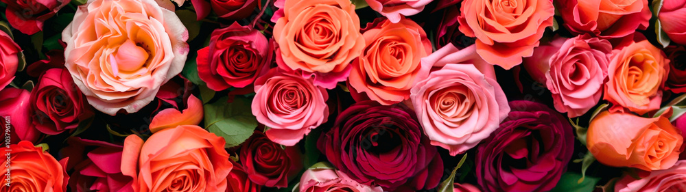 Assorted pink and peach roses in a vibrant floral arrangement. Banner or header
Assorted pink and peach roses in a vibrant floral arrangement. Banner or header