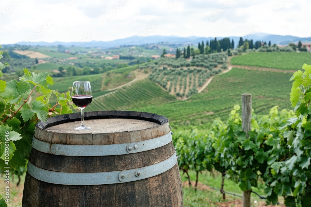A scenic view of a wine barrel nestled among verdant grapevines, with a glass of red wine resting on the barrel. The rolling hills of Tuscany create a breathtaking backdrop A scenic view of a wine barrel nestled among verdant grapevines, with a glass of red wine resting on the barrel. The rolling hills of Tuscany create a breathtaking backdrop