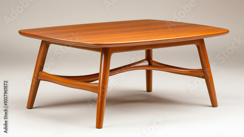 A sleek, mid-century modern wooden coffee table with smooth curves and angled legs, showcasing elegant craftsmanship and minimalist design.