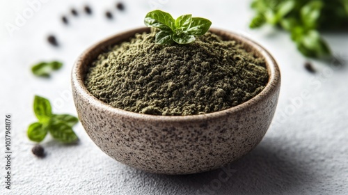 Green Powder in a Brown Bowl with Fresh Herbs