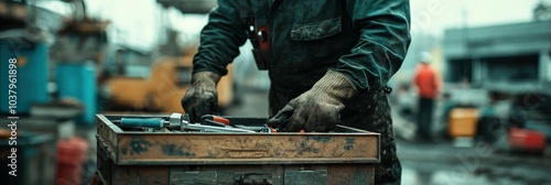 A close-up shot of a repairman hand reaching into a toolbox, the detail of the tools and hand highlighted, with ample copy space in the softly focused background of the construction site photo