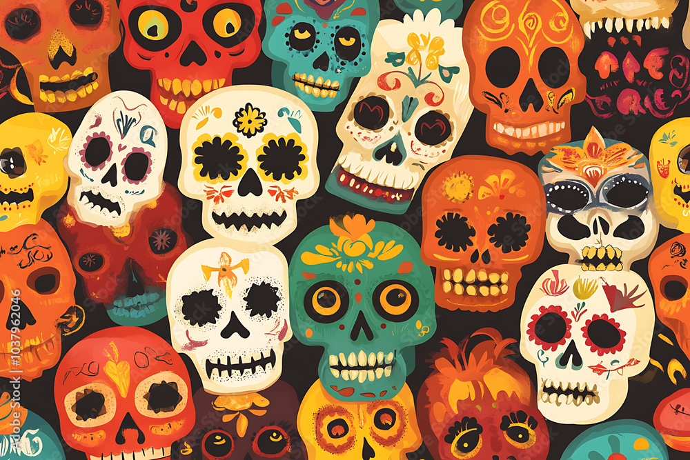 Colorful sugar skulls representing D?a de los Muertos celebration. Colorful sugar skulls representing D?a de los Muertos celebration.
