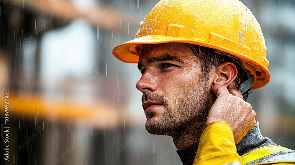 A close-up of a construction worker adjusting his safety helmet, sweat dripping down his face, with the building site in soft focus providing open copy space A close-up of a construction worker adjusting his safety helmet, sweat dripping down his face, with the building site in soft focus providing open copy space