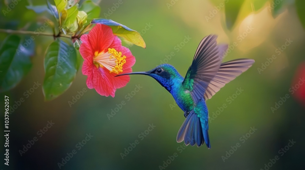 Fototapeta premium A vibrant hummingbird feeding on a colorful hibiscus flower in a lush garden setting.