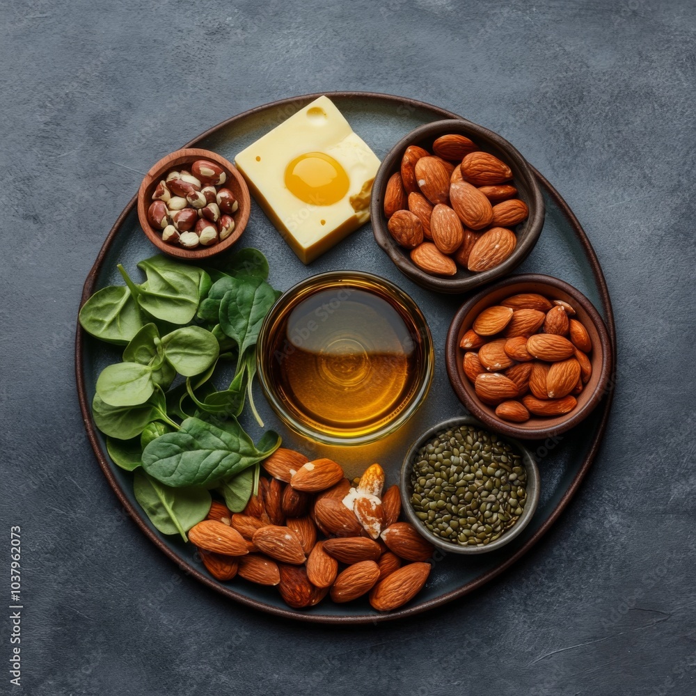 a group of natural vitamin e sources food, in a round plate a group of natural vitamin e sources food, in a round plate