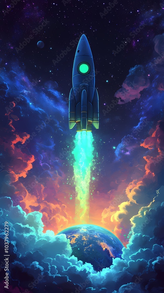 Fototapeta premium A vibrant rocket launching into space amidst colorful clouds and a glowing planet.
