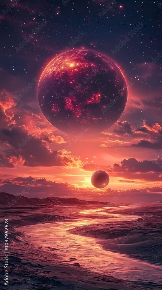 Breathtaking cosmic landscape with two planets looming over a serene river at sunset. Breathtaking cosmic landscape with two planets looming over a serene river at sunset.