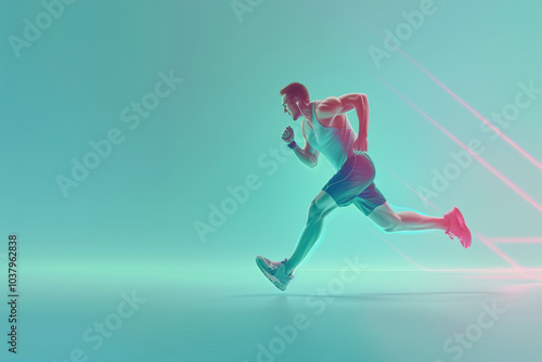 A person in athletic gear is running energetically, depicted in a stylized, futuristic setting with dynamic lighting, conveying speed and motion.