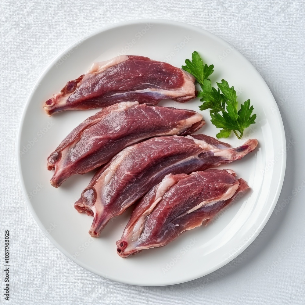 There are a few fresh pieces of raw duck meat on the plate There are a few fresh pieces of raw duck meat on the plate
