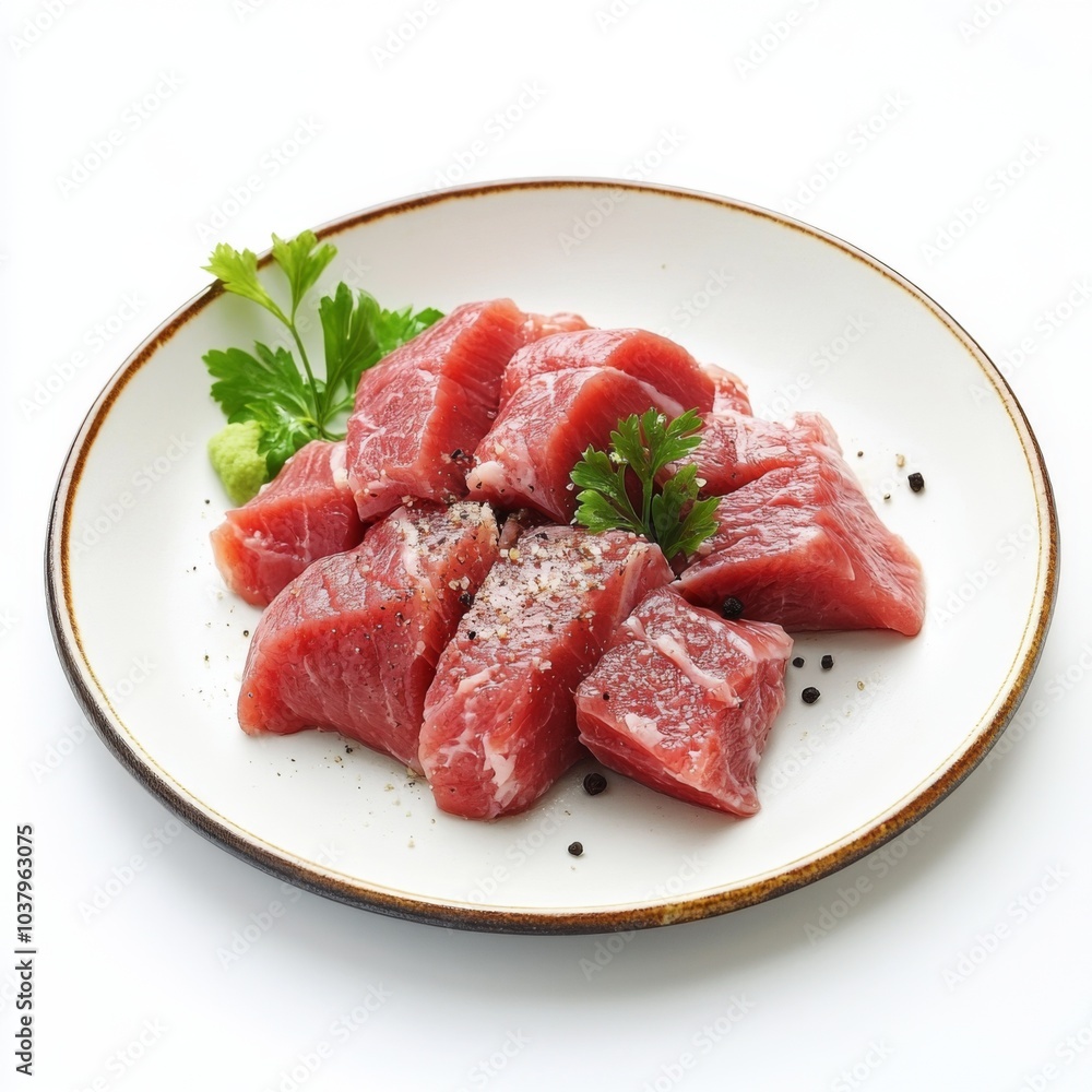There are a few fresh pieces of raw duck meat on the plate There are a few fresh pieces of raw duck meat on the plate