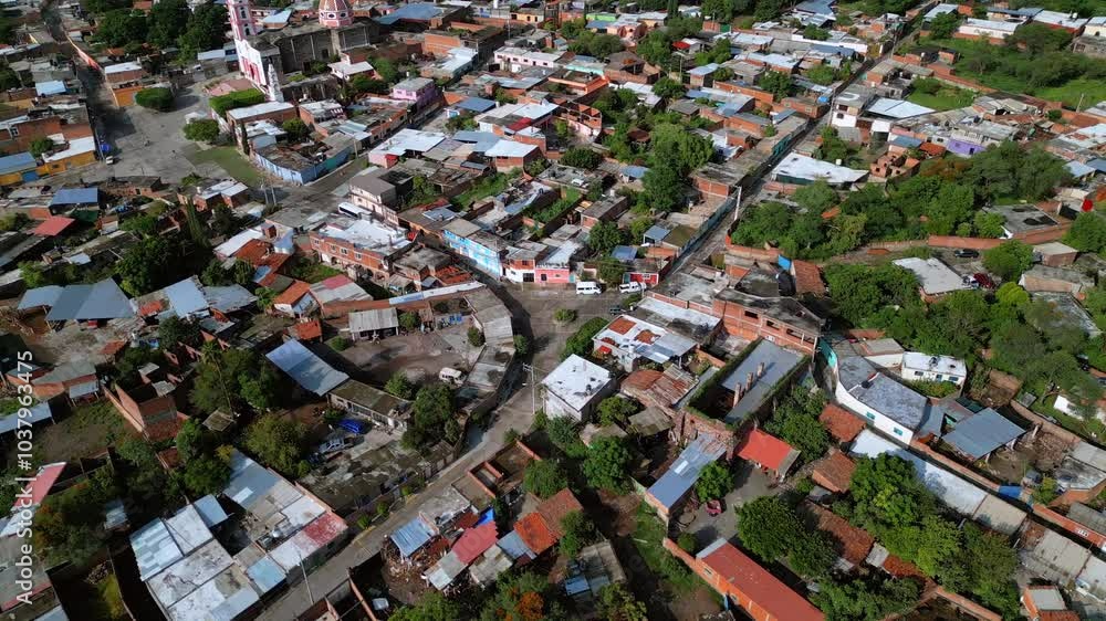 Aerial view of the community of La Quemada, a small town in Guanajuato, Mexico. Landscape with farms, trees, streets and houses. Aerial view of the community of La Quemada, a small town in Guanajuato, Mexico. Landscape with farms, trees, streets and houses.