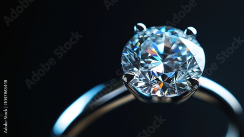 A close-up of a sparkling diamond engagement ring on a dark background.