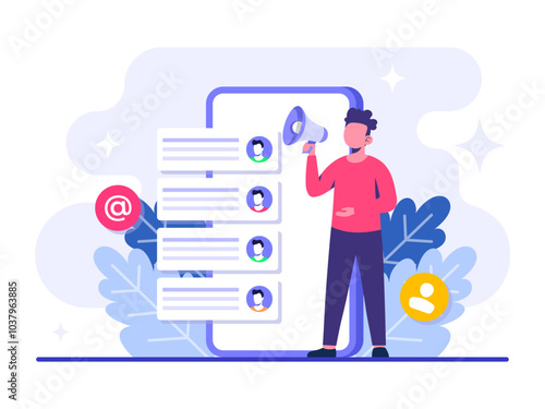 Character making announcement with megaphone, Email marketing flat illustration, Online business strategy, Advertising, Email newsletter, Marketing concept for web banner, infographic, social media