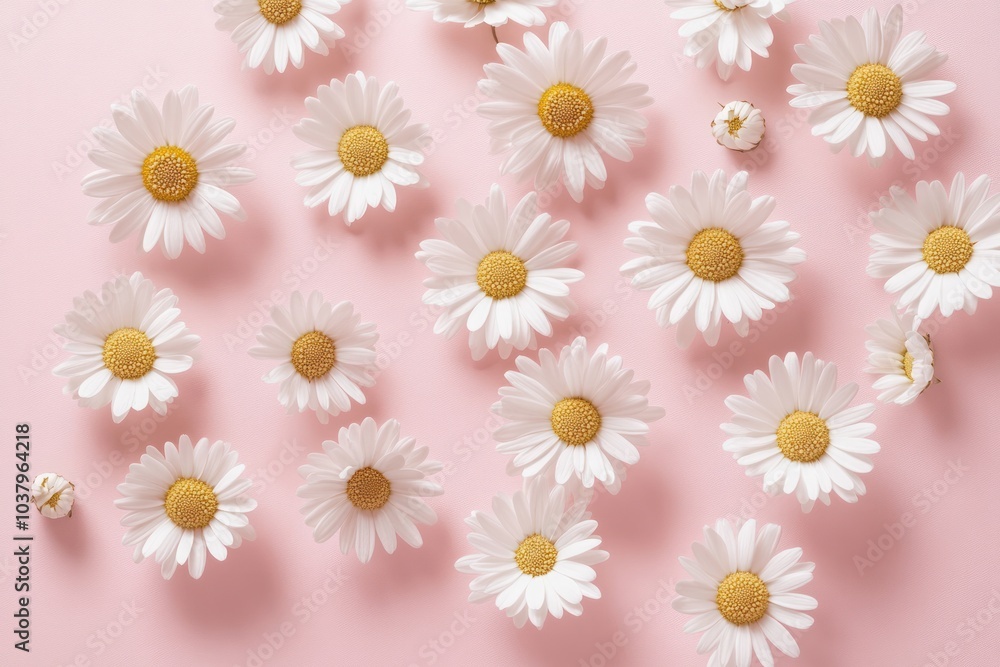 Close-up view of vibrant white daisy chamomile flowers with golden centers, set against a subtle pale pink backdrop, capturing the essence of spring and a creative lifestyle aesthetic. Close-up view of vibrant white daisy chamomile flowers with golden centers, set against a subtle pale pink backdrop, capturing the essence of spring and a creative lifestyle aesthetic.