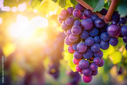 Detailed view of succulent purple grapes hanging from a vine, basking in the warm rays of the sunset. The sunlight creates a beautiful contrast against the deep purple hue of the grapes