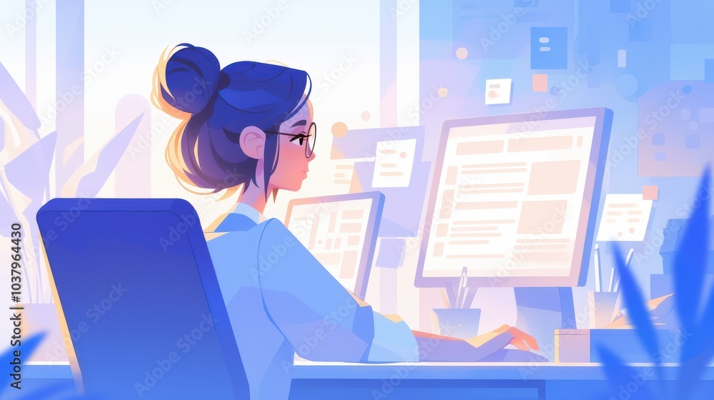 Focused Professional Working at Dual Screen Setup in Modern Office Focused Professional Working at Dual Screen Setup in Modern Office