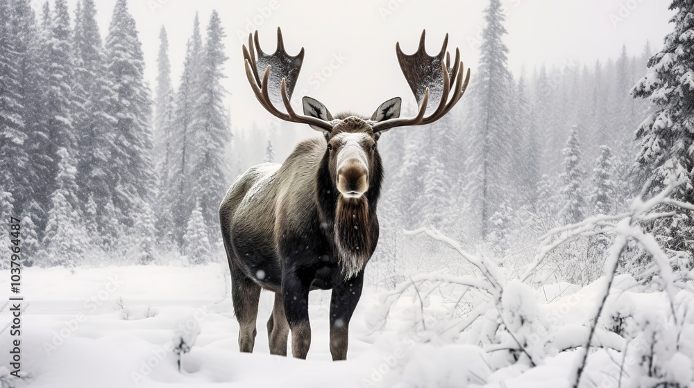 Moose in Winter Snow Photographs of moose in snowy landscapes, showcasing the contrast between their dark fur and the white snow 