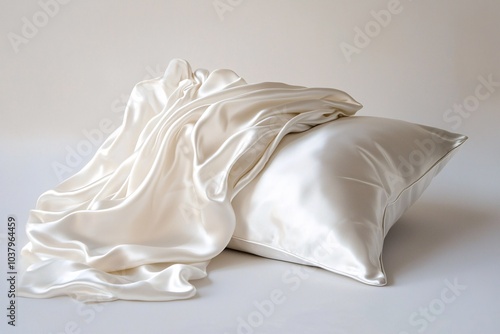 Wallpaper Mural A lustrous silk pillowcase rests on a flawless white backdrop, highlighting its silky feel and elegance, perfect for improving sleep comfort. Torontodigital.ca