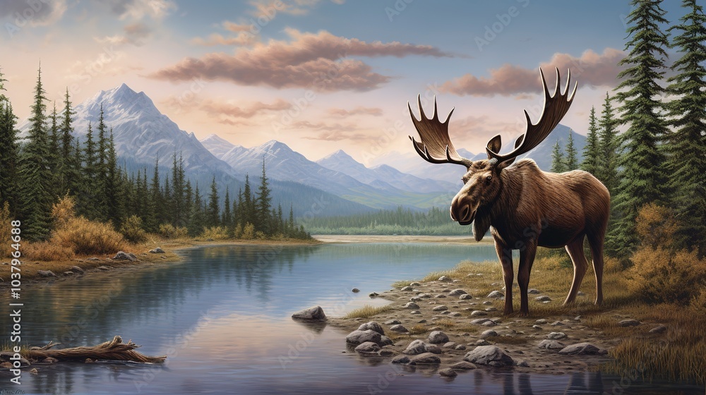 Majestic Moose with Towering Antlers in Serene Mountain Lake Landscape Majestic Moose with Towering Antlers in Serene Mountain Lake Landscape