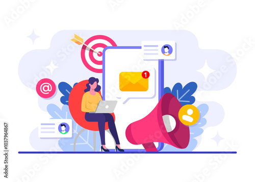 Approaching target audience using email marketing flat illustration, Online business strategy, Advertising, Email newsletter, messaging, Marketing concept for web banner, social media, infographic