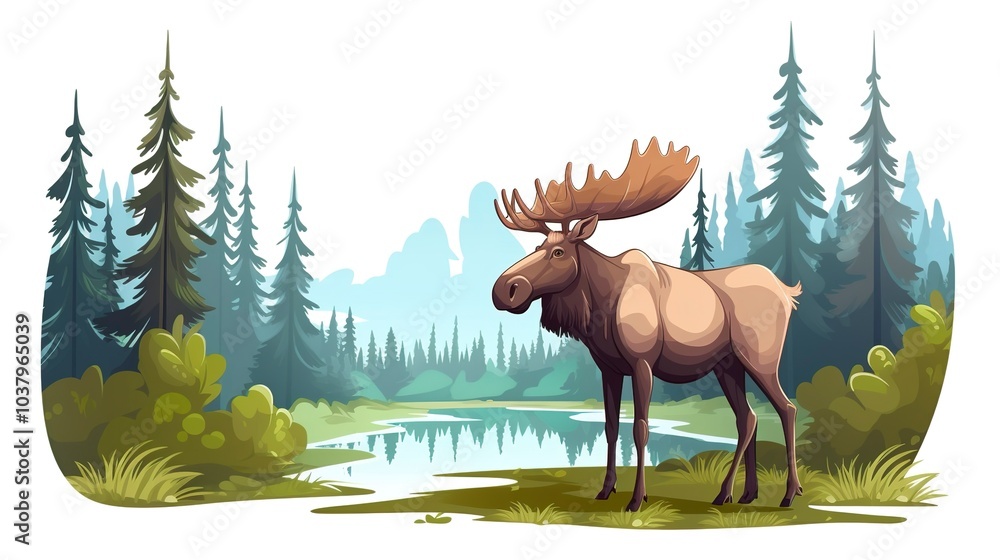 Wild a moose standing on the green grass cartoon character animals sticker illustrations on white background Wild a moose standing on the green grass cartoon character animals sticker illustrations on white background