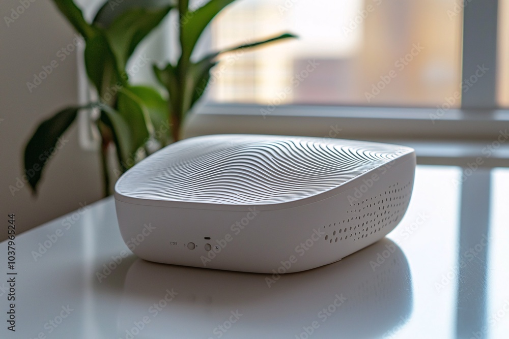 A sleek sound machine rests on a pristine surface, releasing calming sound waves ideal for promoting sleep and tranquility. A sleek sound machine rests on a pristine surface, releasing calming sound waves ideal for promoting sleep and tranquility.