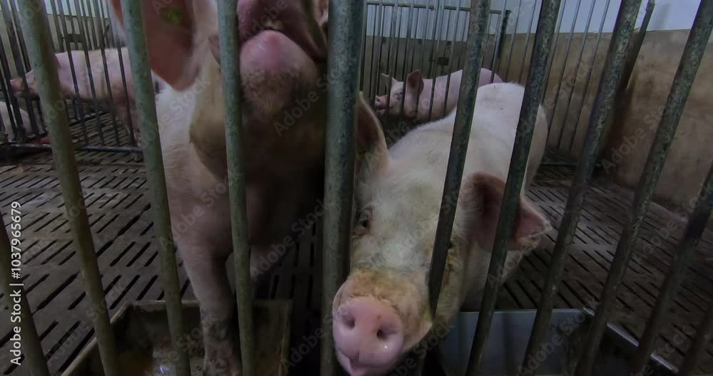 Large breeding pigs in a cage on a pig farm. A pig breeding farm in a livestock complex. Large breeding pigs in a cage on a pig farm. A pig breeding farm in a livestock complex.