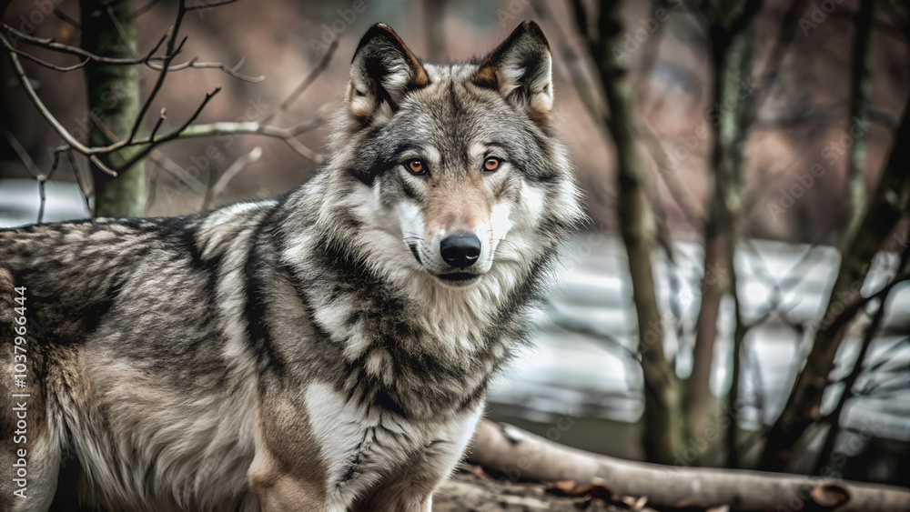 Obraz premium The wolf in its natural environment, surrounded by bare trees, reflects the spirit of freedom and the harsh beauty of the forest.