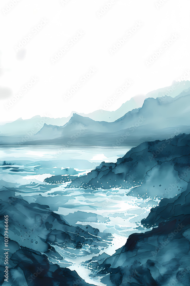 A serene landscape illustration featuring a tranquil sea and misty mountains in shades of blue and teal. A serene landscape illustration featuring a tranquil sea and misty mountains in shades of blue and teal.