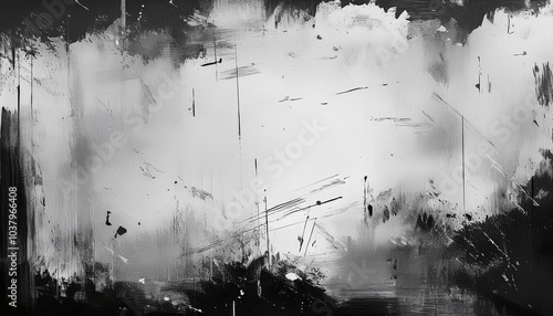Abstract grayscale strokes, dynamic brushwork, dark edges frame a lighter center.  A captivating interplay of light and shadow creates depth and texture.