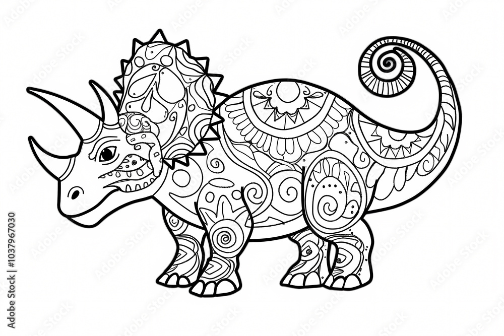 Naklejka premium A colorful, intricate line art illustration of a Triceratops adorned with decorative patterns, showcasing creativity and artistic expression.