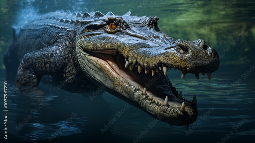 A large alligator swimming gracefully in the water, showcasing the beauty and power of this wildlife predator. A large alligator swimming gracefully in the water, showcasing the beauty and power of this wildlife predator.