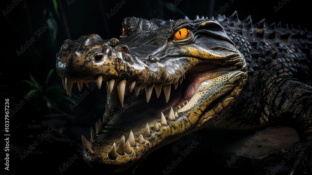 Fototapeta premium Yellow eyed crocodile in the dark, scales and teeth exposed 