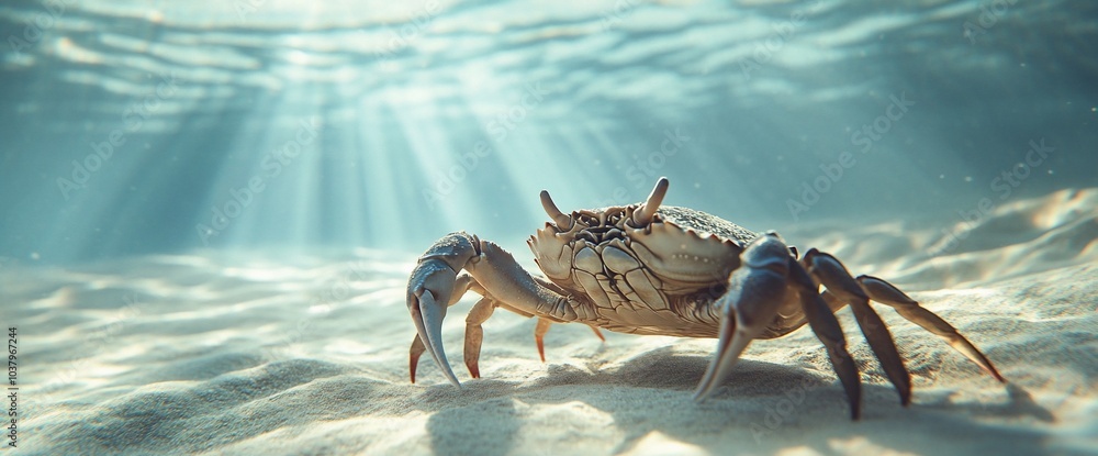 Closeup of a crab on the sandy ocean floor with sunlight rays shining through the water. Closeup of a crab on the sandy ocean floor with sunlight rays shining through the water.