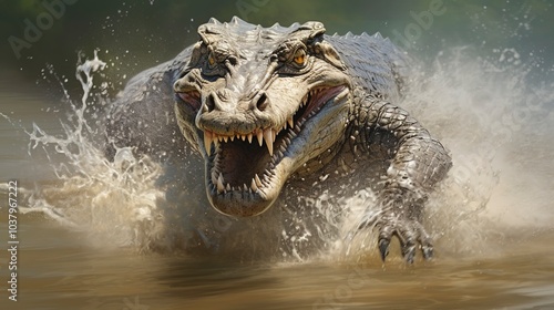 Adult Orinoco Crocodile emerging from water  