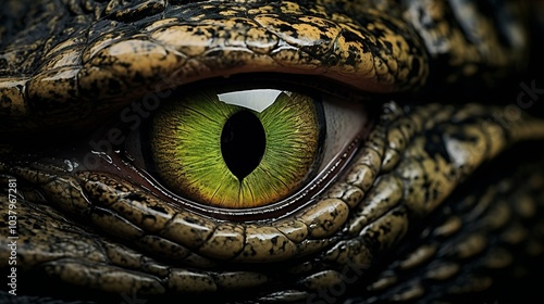 Crocodile green eye and teeth show danger in the wild 