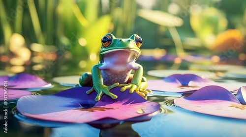 A frog is sitting on a lily pad in a pond. Wild concept  photo