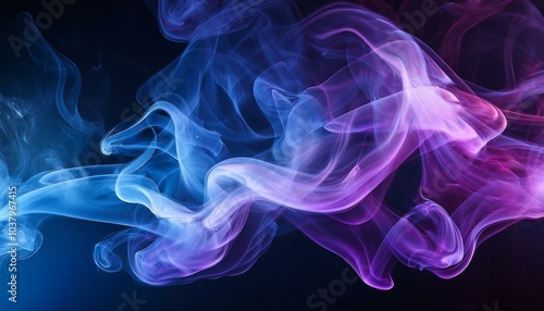 Multicolored thick smoke blue and purple neon on a black background. Thick colorful smoke of purple, blue, white on a black isolated background. Background from the smoke of vape