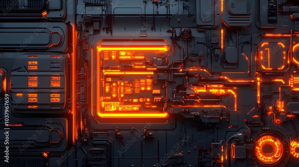 Fototapeta premium Detail of a futuristic machine. 3D illustration of a futuristic wall made of various details under orange neon lights. Cyberpunk background. Industrial wallpaper. Grunge details. 