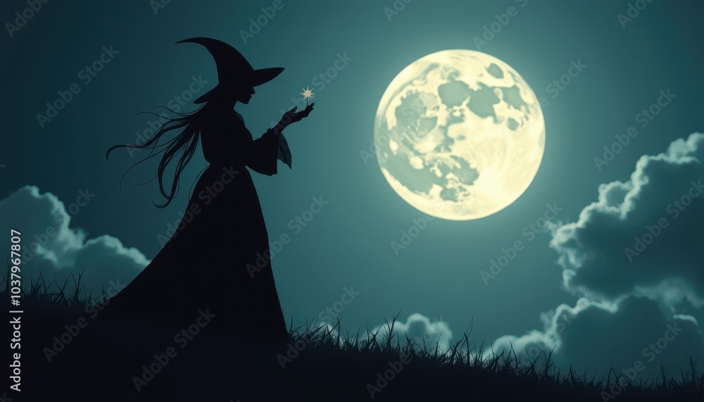 Fototapeta premium Shadowy Silhouette of a Witch Casting Spells Against the Backdrop of a Full Moon.