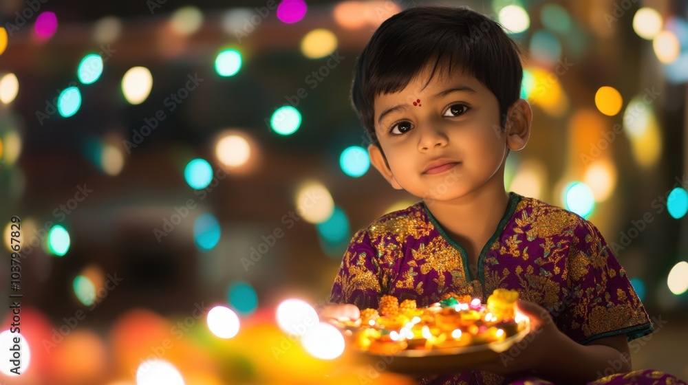 Naklejka premium Cute Indian boy in traditional Diwali dress, offering sweets to family members. The background is filled with colorful lights and festive decor