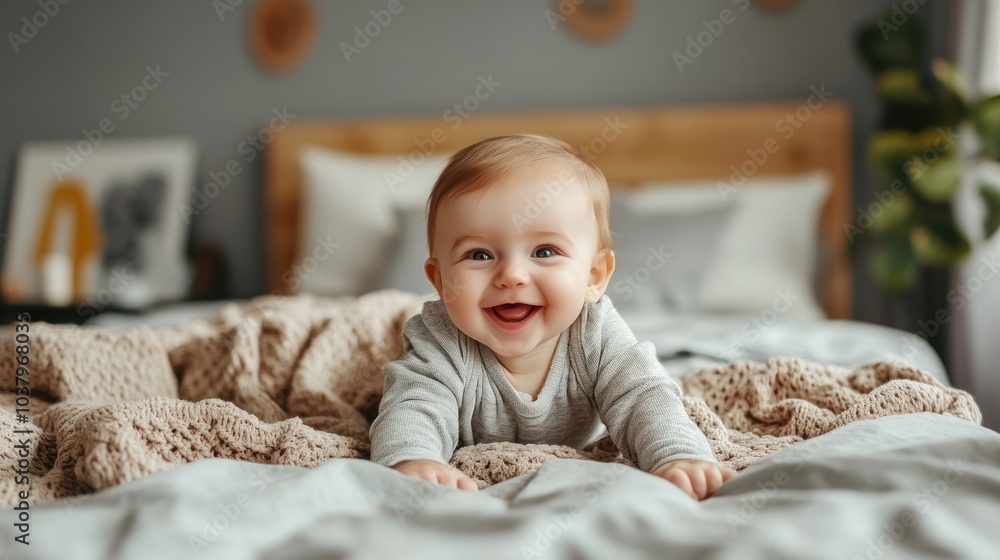 A joyful baby crawling on a bed, smiling at the camera in a cozy bedroom setting. A joyful baby crawling on a bed, smiling at the camera in a cozy bedroom setting.