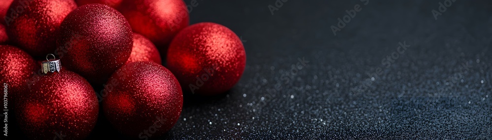 Red Christmas Ornaments on a Black Glitter Surface Red Christmas Ornaments on a Black Glitter Surface
