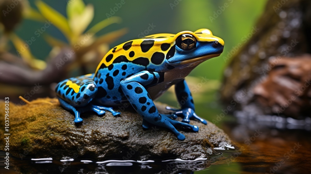 Vibrant blue and yellow poison dart frog on a watery surface. Vibrant blue and yellow poison dart frog on a watery surface.