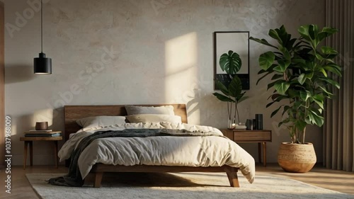 A modern bedroom with minimal furniture, light walls, and large potted plants, bathed in natural light, creating a peaceful, clean, and relaxing atmosphere.