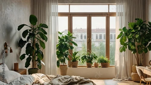 A modern bedroom with minimal furniture, light walls, and large potted plants, bathed in natural light, creating a peaceful, clean, and relaxing atmosphere.